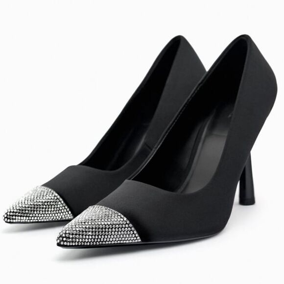 ZARA HIGH HEELED RHINESTONE TOE PUMPS - Picture 1 of 5